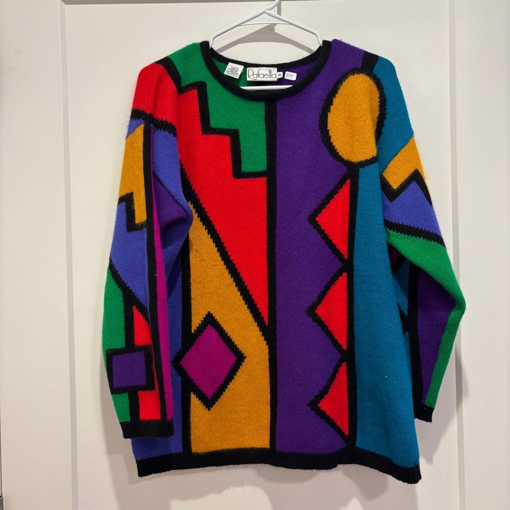 Vintage Rafaella Angora Lambswool Geometric Colorblock Sweater Mens Medium Multi